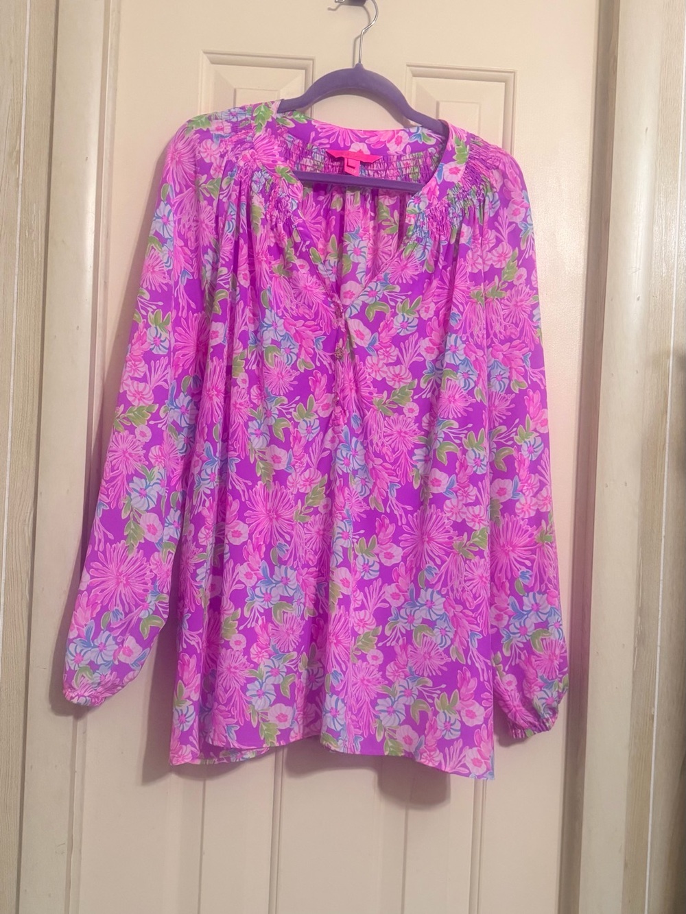 Lilly Pulitzer Fuchsia Floral Peasant Blouse with Blue & Green Accents